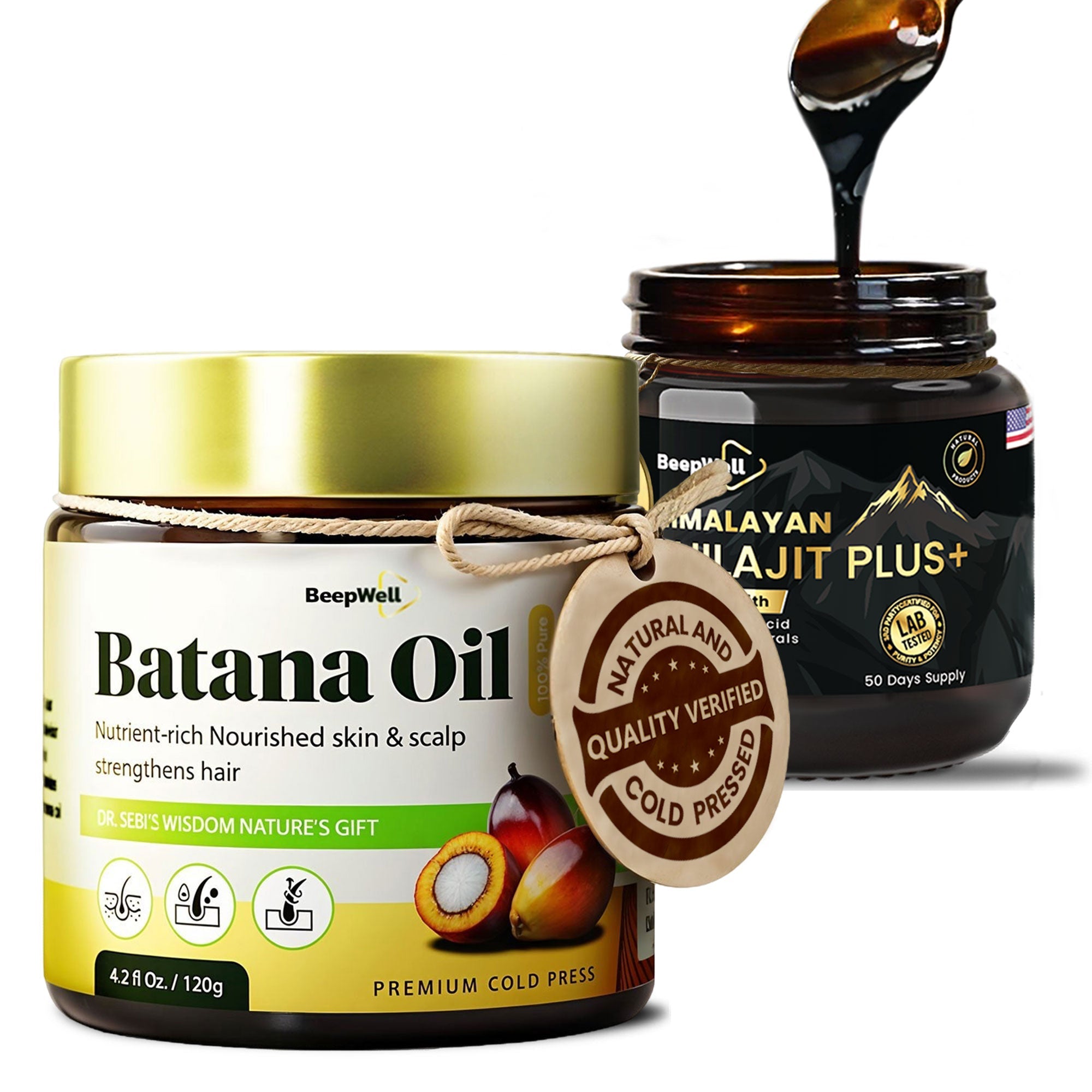 BeepWell Shilajit Resin + Batana Oil Combo – Ayurvedic Resin (40g, 50 Servings) & Unrefined Hair Oil (4.2 fl oz)