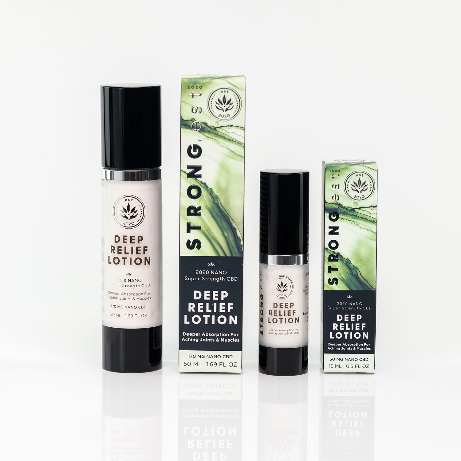 Look for the STRONG.est, FAST.est, DEEP.est pain relief! The STRONG.est Deep Relief line of pain relief lotions by .est 2020 Luxury Skincare. Our Deep Relief Lotion features NANO emulsified CBD which goes deeper into layers of the skin.