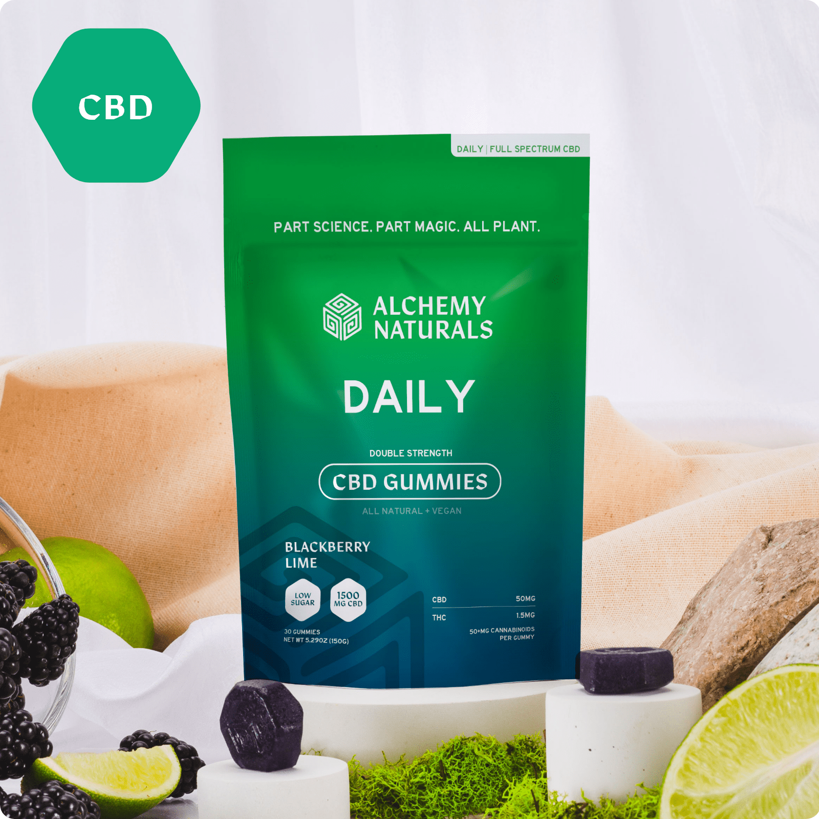 20-Pack: Alchemy Naturals CBD Gummies for Daily Support - Full-Spectrum - Sample 100mg/2count