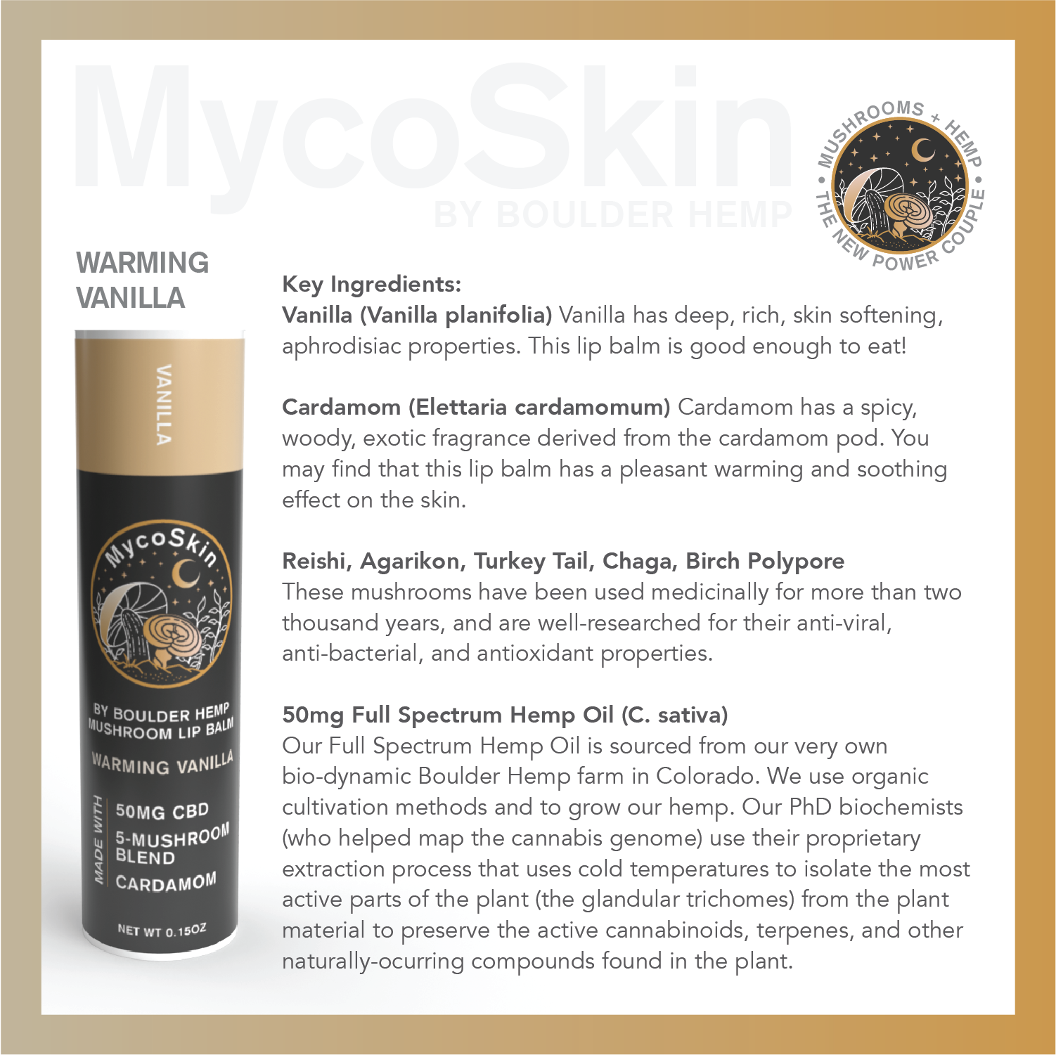 Wholesale Warming Vanilla Cardamom 50mg CBD + Mushroom Lip Balm